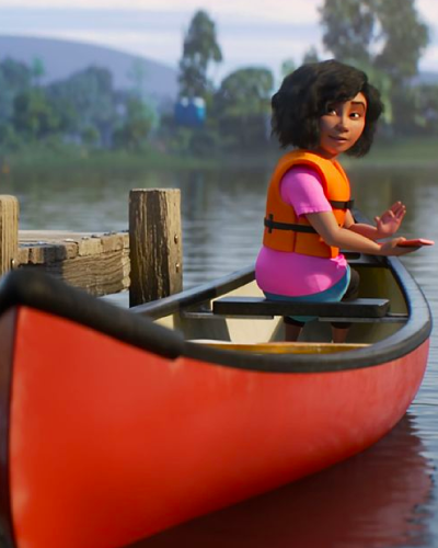 an animated girl sits on a boat on a lake with a life jacket/ vest on, with her hands out. 