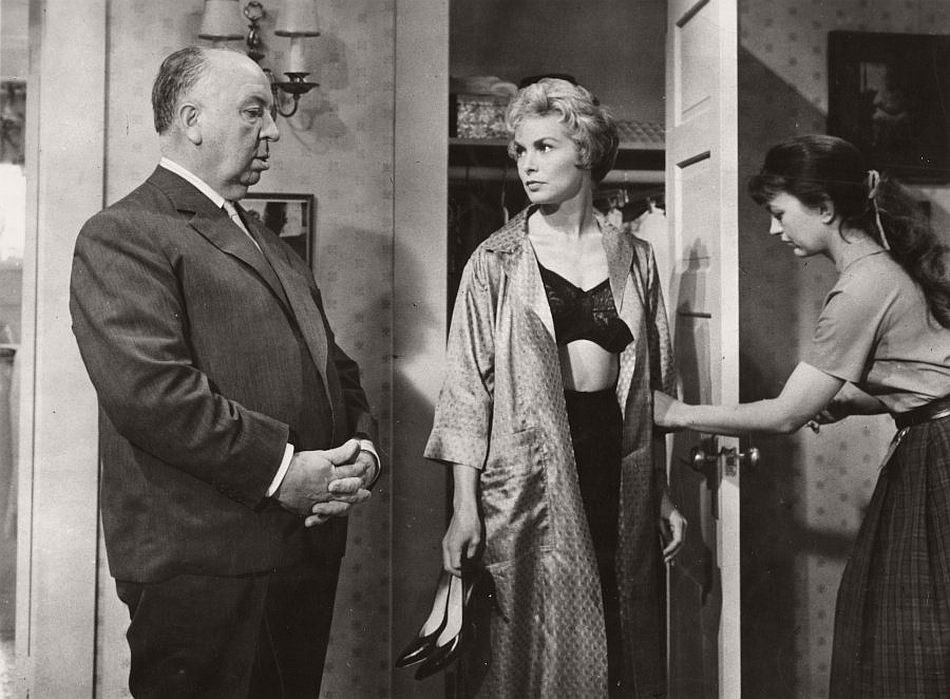 Alfred Hitchcock and Janet Leigh on the set of Psycho